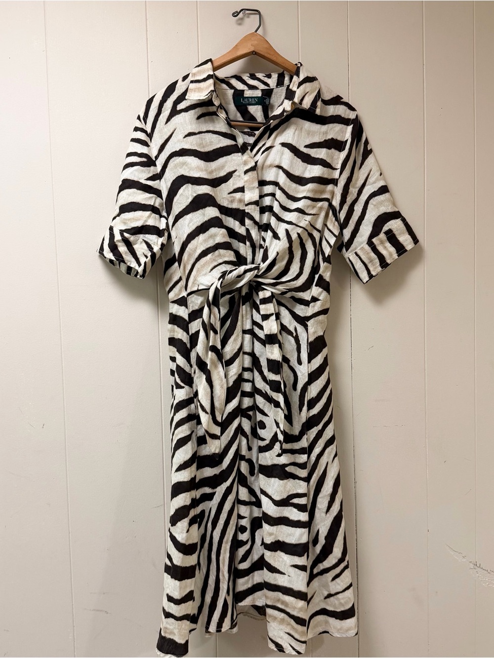 Lauren Ralph Lauren Zebra Print Linen Shirt Dress Size 12 Tie Front Midi Safari